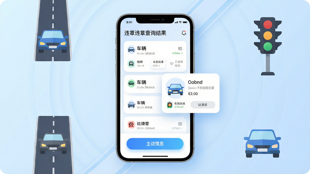 交通违章处理帮手软件主界面展示,画面中央是一部智能手机,屏幕显示违章查询结果列表与车辆信息卡片,背景为淡蓝色渐变,周围环绕道路、汽车、交通信号灯等扁平化图标元素,整体布局简洁清晰,采用现代科技风格,细节包括圆角卡片、柔和阴影与高亮按钮,画质干净高清,无多余装饰元素