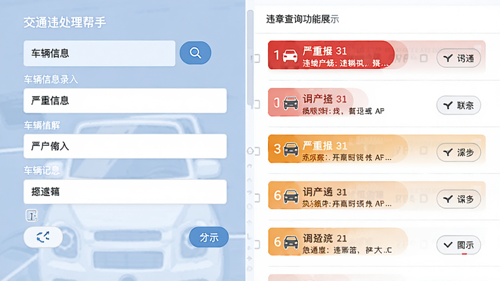 交通违章处理帮手违章查询功能展示,画面左侧为车辆信息录入表单,右侧为违章记录列表,列表条目带有红色与橙色标记区分严重程度,背景为纯白色,采用扁平化UI风格,细节包含搜索图标、筛选按钮与刷新控件,画质干净清晰,无杂乱元素