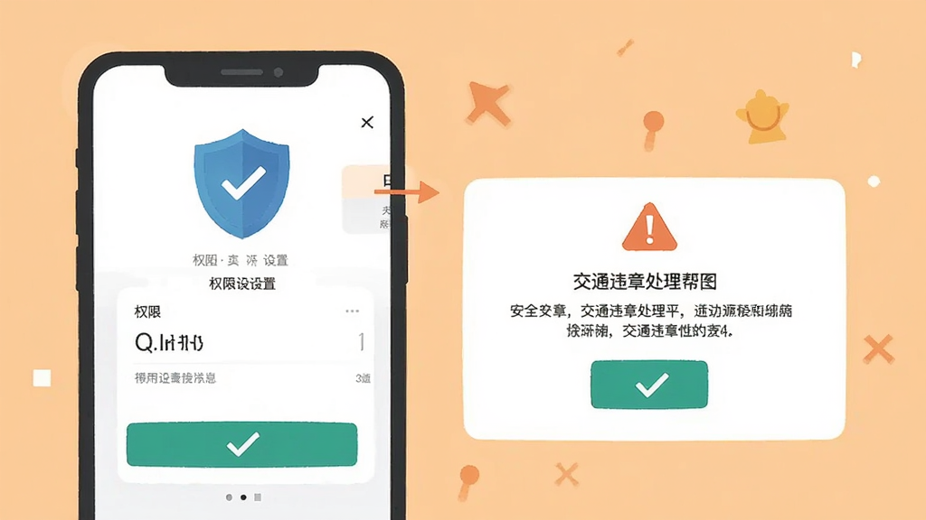 交通违章处理帮手使用注意事项示意图,画面为手机屏幕显示权限设置页面与安全提示弹窗,背景为浅橙色,采用扁平化插画风格,细节包含盾牌图标、警告标识与勾选按钮,画质清晰干净,无多余元素