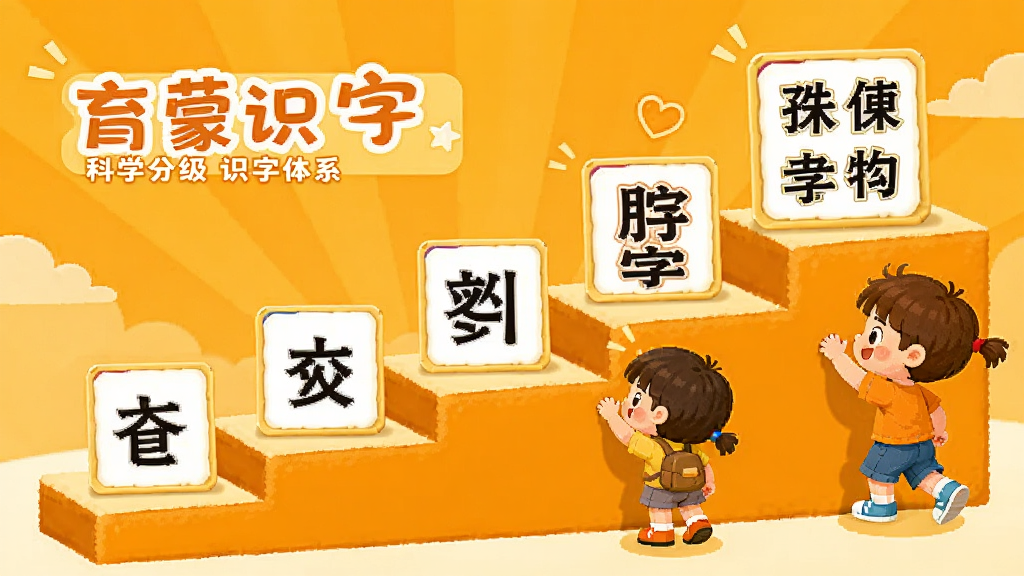 育蒙识字科学分级识字体系展示图,画面展示一条由低到高的阶梯式学习路径,每级台阶上放置不同难度的汉字卡片,从简单的象形字到复杂汉字依次排列,台阶旁有卡通小朋友向上攀爬,背景为明亮的橙黄色调,整体风格活泼教育感强,布局横向展开,画质清晰干净