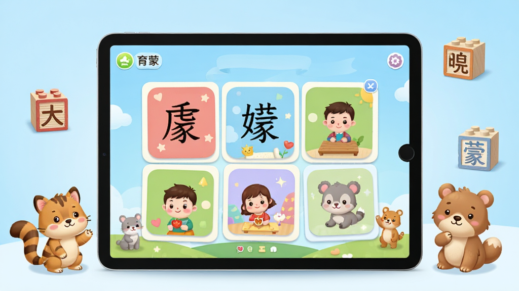 育蒙识字软件主界面展示,画面中央放置一台平板电脑,屏幕显示育蒙识字APP的儿童识字界面,包含彩色汉字卡片和卡通插图,周围散布可爱的卡通动物和汉字积木元素,背景为柔和的浅蓝色渐变,整体风格清新童趣,布局居中对称,画质高清干净,无多余元素