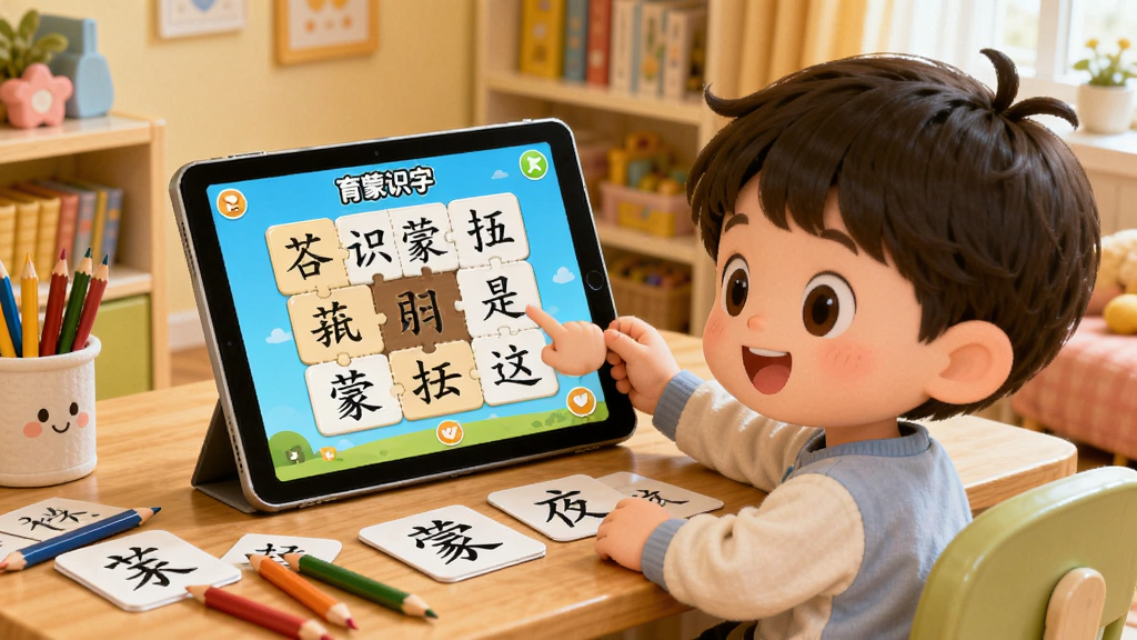 育蒙识字趣味互动学习模式场景图,画面展示一个卡通儿童坐在书桌前,手持平板电脑正在玩汉字拼图游戏,屏幕上显示育蒙识字APP的拼图界面,桌面散落汉字卡片和彩色铅笔,背景为温馨的室内环境,整体风格卡通可爱,布局以儿童为中心,画质高清细腻
