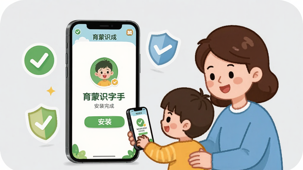 育蒙识字新手使用指南示意图,画面展示一部智能手机屏幕上显示育蒙识字APP的安装完成界面,旁边有卡通家长和孩子一起看手机,手机周围有对勾和盾牌图标表示安全安装,背景为浅灰色简洁风格,布局清晰明了,画质干净无多余元素