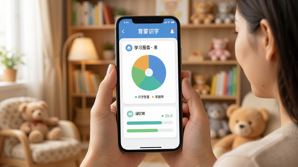 育蒙识字家长管理学习报告界面图,画面展示一个家长手持手机查看育蒙识字APP的学习报告页面,屏幕上显示饼状图和进度条,标注识字数量和掌握率,背景为温馨家庭书房环境,整体风格简洁现代,布局以手机屏幕为中心,画质清晰明亮