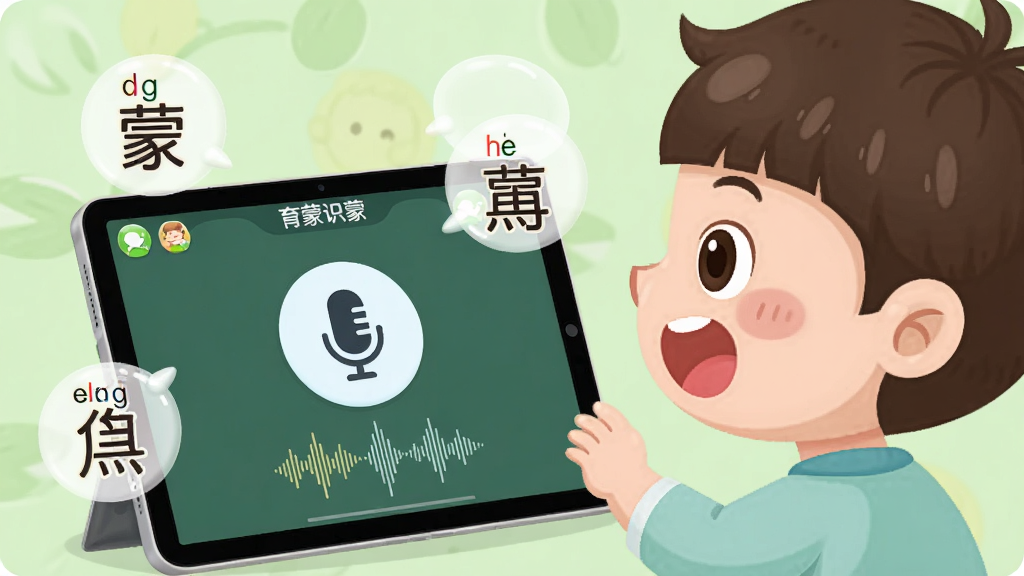 育蒙识字语音跟读功能展示图,画面展示一个卡通儿童对着平板电脑大声朗读汉字,平板屏幕显示育蒙识字APP的跟读界面,有麦克风图标和声波反馈动画,周围漂浮着拼音字母和汉字气泡,背景为浅绿色柔和色调,整体风格清新明快,布局突出语音互动,画质干净无多余元素