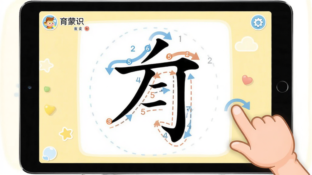 育蒙识字笔顺演示与书写练习界面图,画面展示平板电脑屏幕上显示育蒙识字APP的汉字书写界面,一个大大的汉字带有编号笔顺箭头和描红虚线,旁边有卡通手指引导书写方向,背景为淡黄色柔和底色,整体风格教学感强,布局清晰直观,画质高清干净