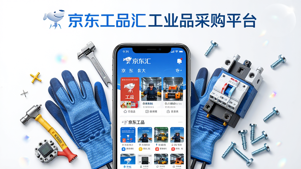 京东工品汇工业品采购平台官方主视觉图,主体是一部智能手机屏幕展示京东工品汇App首页,周围环绕五金工具、劳保手套、电气开关、螺丝配件等工业品元素,布局采用居中构图、App界面清晰可见,排版上方留白放置品牌标题区域,风格为现代科技商务风,细节包含蓝色京东品牌色调、干净白色背景、轻微阴影与光泽质感,画质高清、干净、无多余元素