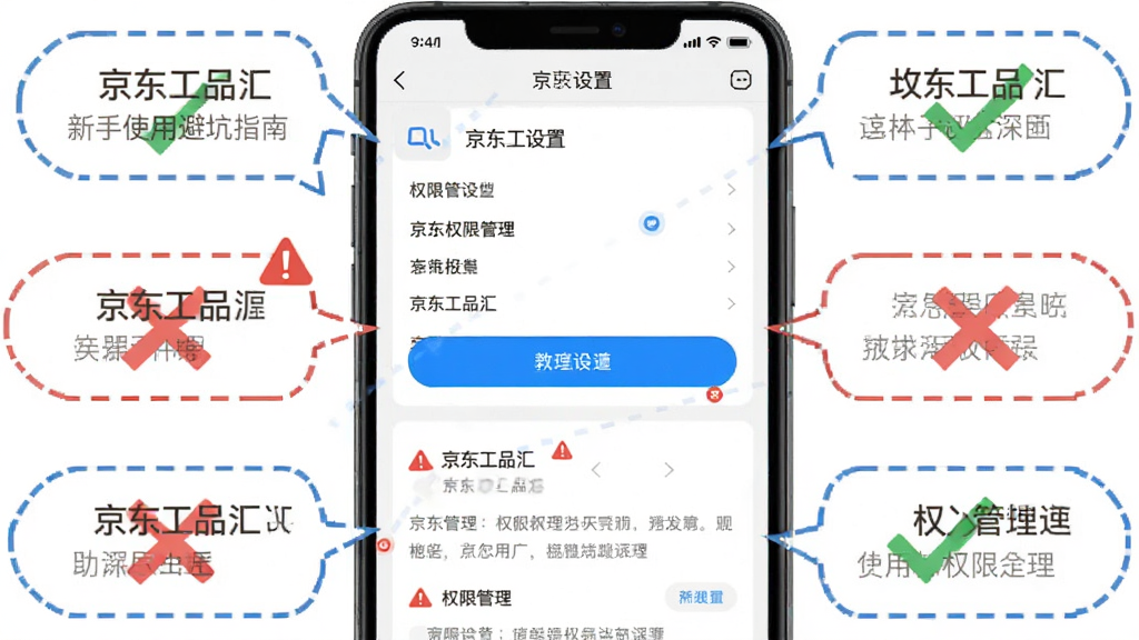 京东工品汇新手使用避坑指南示意图,主体为手机屏幕展示App设置页面与权限管理选项,布局采用中心聚焦,周围环绕提示气泡与对勾叉号图标,排版清晰,风格为扁平化教学风,细节包含蓝色高亮按钮、红色警告标识、灰色说明文字,画质高清、干净、无多余元素