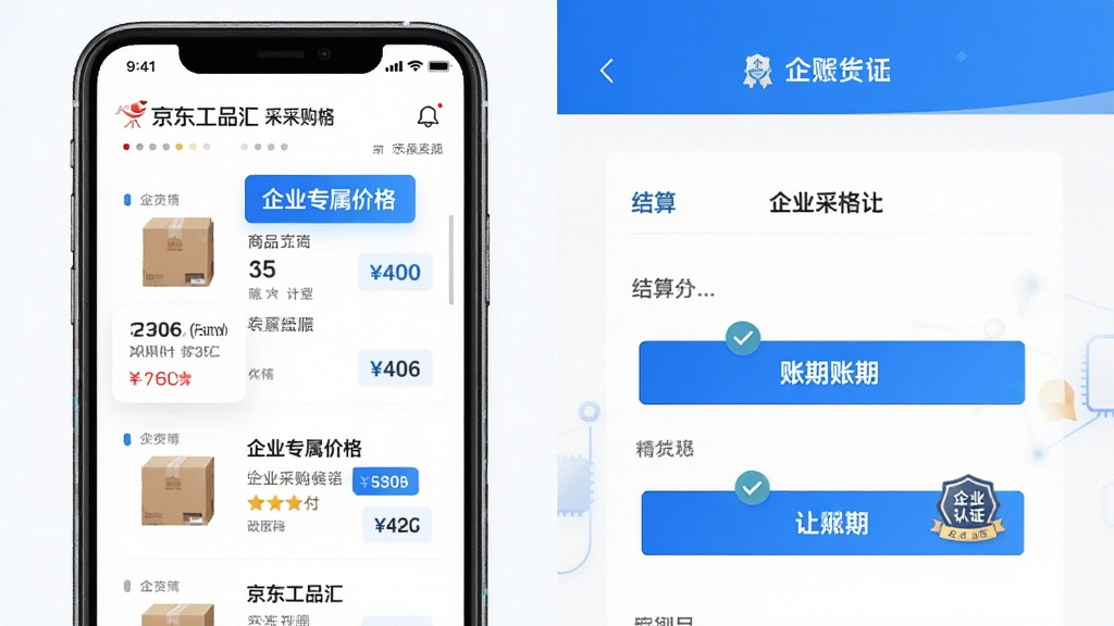 京东工品汇企业采购价格与账期服务功能展示图,主体为手机界面中显示企业专属价格标签与账期支付选项,布局采用左右分栏,左侧展示商品列表与价格对比,右侧展示结算页面与账期按钮,排版简洁清晰,风格为扁平化商务科技风,细节包含蓝色高亮价格标签、对勾图标、企业认证徽章,画质高清、干净、无多余元素