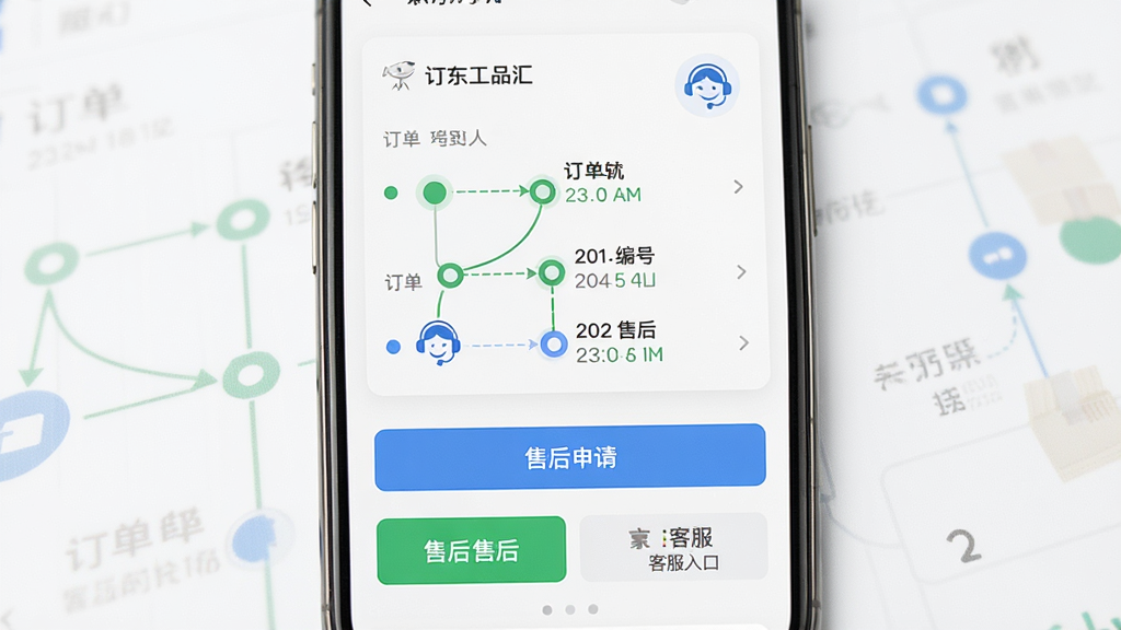 京东工品汇物流跟踪与售后保障功能界面图,主体为手机屏幕展示订单物流时间轴与售后申请入口,布局采用上下结构,上方为物流轨迹卡片,下方为售后按钮与客服入口,排版整齐,风格为清爽简约风,细节包含绿色物流节点、蓝色客服图标、订单编号与时间信息,画质高清、干净、无多余元素