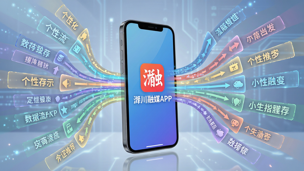 一幅体现个性化数据流概念的图片,画面主体是带有“淄川融媒APP”标志的手机,屏幕向外发散出不同颜色的信息流线条,代表个性化推荐,布局充满科技感,风格简洁明快,细节清晰,画质干净,无多余元素