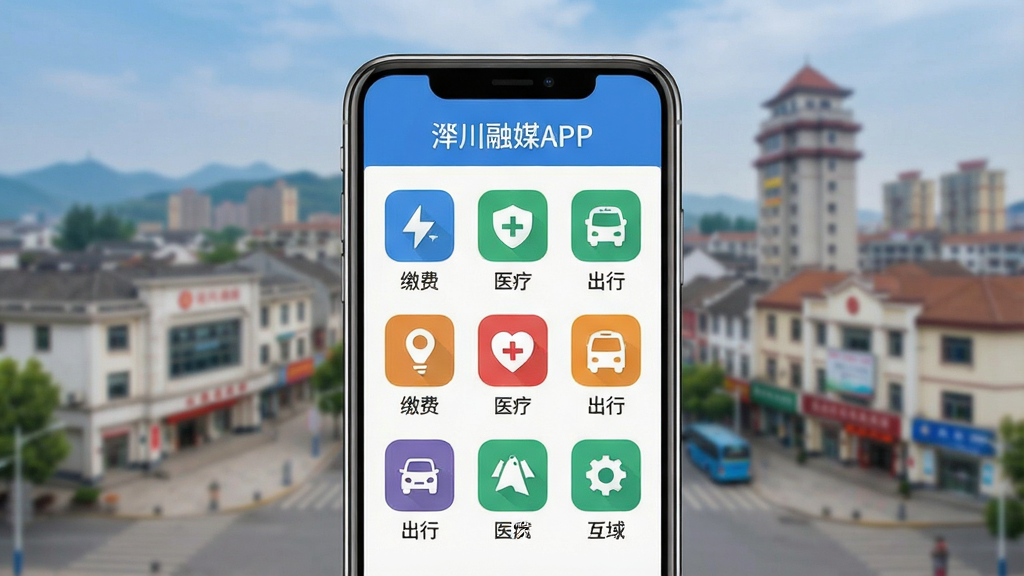 一张展示手机应用服务大厅界面的概念图,画面中的手机屏幕清晰呈现“淄川融媒APP”的便民服务图标矩阵,包括缴费、医疗、出行等,背景是淄川城市风貌的模糊虚化,布局整洁有序,风格清新扁平化,细节明确,画质干净,无杂乱元素