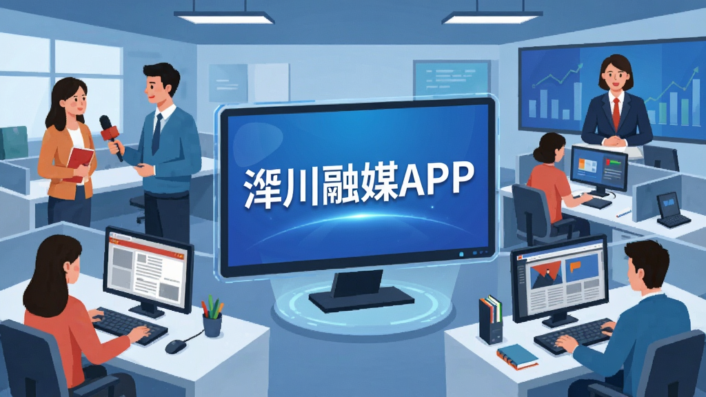 一幅展示新闻编辑室场景的数字插画,画面中央是写有“淄川融媒APP”字样的虚拟屏幕,周围环绕着记者采访、编辑排版、新闻播报的生动元素,布局采用环绕式构图,风格专业且具有科技感,细节丰富,画质清晰,干净无杂物