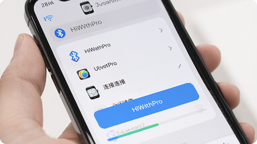 HiWatchPro一键连接功能展示,主体为手机屏幕显示搜索到手表设备并出现连接按钮,布局居中,排版突出连接按钮,风格为简洁明快的UI设计,细节包括蓝牙图标、设备名称列表、连接进度条,画质高清,干净,无多余元素