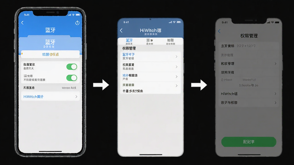 HiWatchPro连接故障排查示意图,主体为手机屏幕显示蓝牙设置和权限管理界面,布局为分步截图展示,排版按操作顺序排列,风格为教程类截图设计,细节包括权限开关、蓝牙列表、配对按钮,画质高清,干净,无多余元素