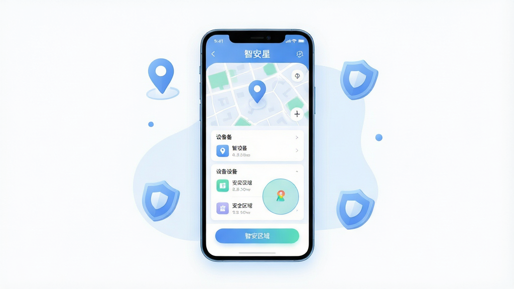 整体画面以浅蓝与白色为主色调,画面中央是一部竖屏安卓手机,手机屏幕上展示智安星应用主界面,界面中包含地图定位标记、设备列表卡片与安全区域圆形范围示意,手机周围环绕简洁的定位图标与守护盾牌图形,布局为居中构图上下留白,排版清爽整齐,风格为扁平化科技插画,细节上地图纹理柔和、图标线条圆润、按钮带有轻微渐变,画质高清干净无多余元素,画面中文字标注“智安星”
