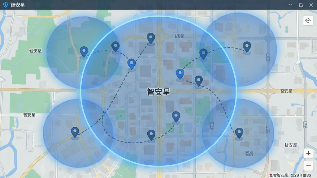 画面主体为一张俯视地图界面,地图上用半透明蓝色圆形标出安全区域范围,圆形边缘有柔和光晕,地图上分布若干定位小图标与虚线轨迹,布局为全屏地图铺满画面,排版简洁信息层级清晰,风格为扁平化地图插画,细节上道路线条细腻、区域填充通透、标注文字小巧,画质高清干净无多余元素,画面中文字标注“智安星”
