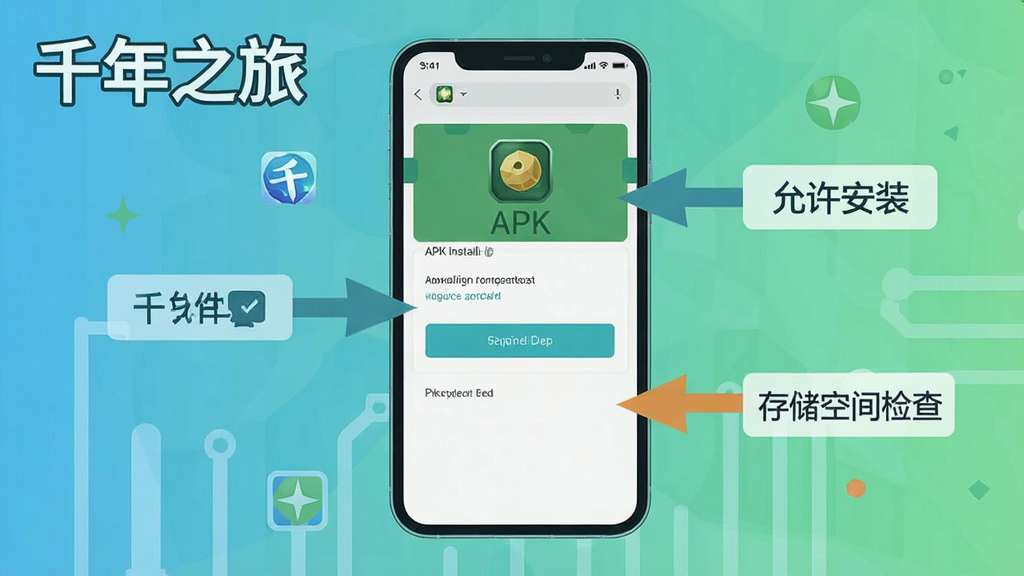 千年之旅安卓手机安装教程示意图,画面中展示一部智能手机屏幕,屏幕上显示APK安装界面与权限开启按钮,旁边有箭头标注「允许安装」和「存储空间检查」,画面左上角有文字「千年之旅」,风格为扁平化科技教程插图,色调清爽,排版简洁,画质高清,干净,无多余元素