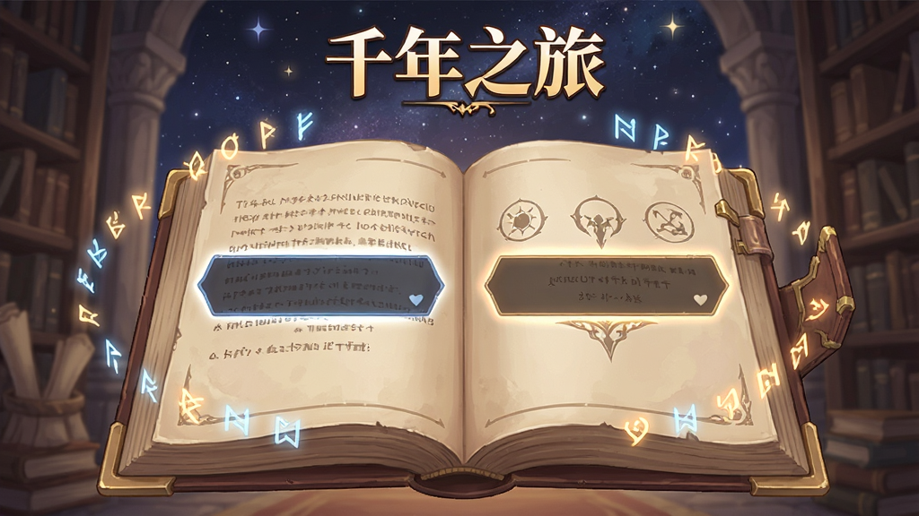 千年之旅游戏剧情选择界面场景,画面中展示一本打开的魔法书,书页上浮现两个对话选项分支,周围环绕发光符文,背景为星空与古老图书馆,画面顶部有文字「千年之旅」,风格为日系二次元奇幻游戏UI展示图,色调温暖柔和,细节精致,画质高清,干净,无多余元素