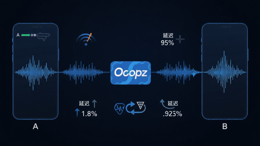 一幅展示Oopz低延迟语音引擎工作原理的示意图,画面主体为声波从手机A传输到手机B的路径,中间标注“Oopz”标识,布局为左右对称结构,风格为简洁科技蓝调,细节包含信号强度指示、延迟数值对比、网络切换图标,画质干净清晰,无杂乱元素