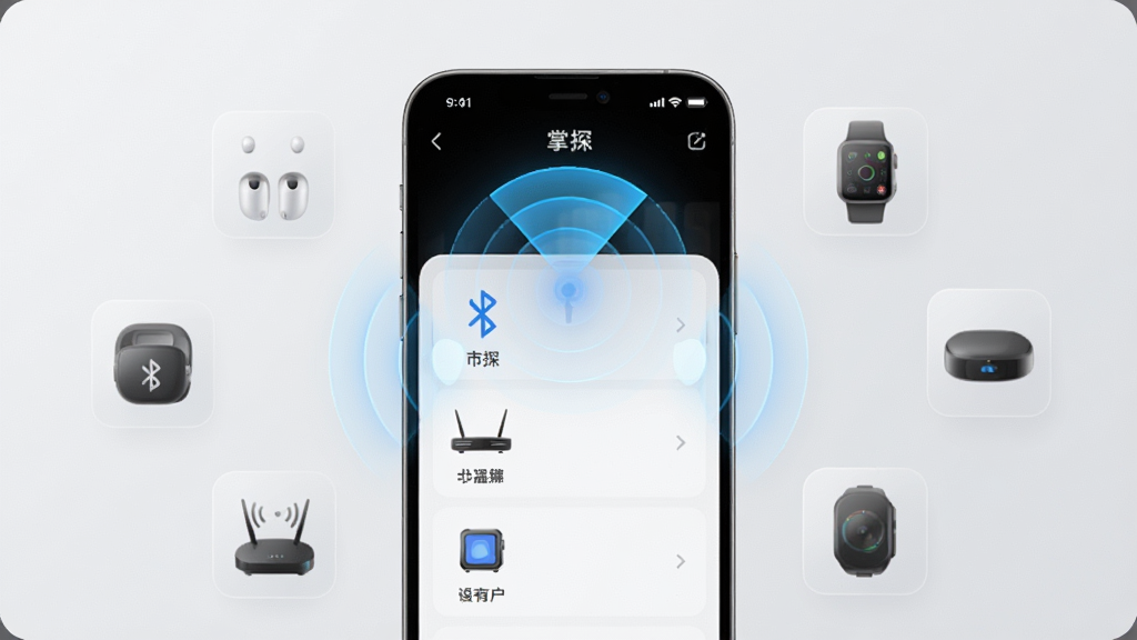 掌探周边设备扫描功能展示图,画面中一部手机竖屏显示设备列表界面,列表中包含蓝牙耳机、智能手表、路由器等设备图标和名称,手机周围漂浮着各种智能设备的半透明图标,背景为浅灰色极简风格,细节上突出扫描雷达动画和“掌探”文字标识,画质高清,干净,无多余元素