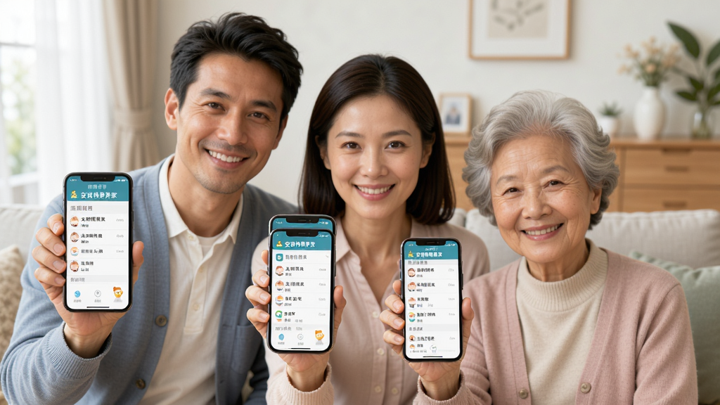 一个家庭场景中,父亲、母亲和祖母各自拿着手机,屏幕上都显示