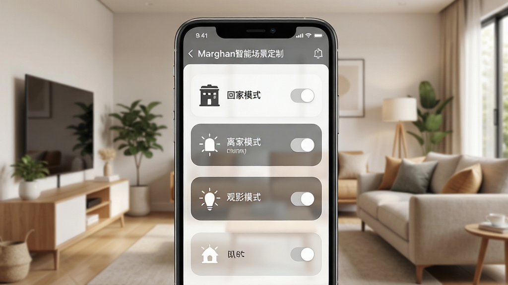 摩根智能场景定制界面,手机屏幕展示场景编辑页面,包含回家模式、离家模式、观影模式等选项,每个场景配有图标和开关,画面背景为温馨家居环境,风格现代简约,细节丰富,画质高清,干净无多余元素