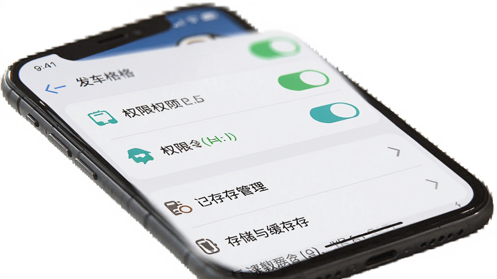 主体为手机屏幕显示发车格应用设置界面,布局采用上下结构,上方为权限开关列表,下方为存储与缓存管理选项,排版清晰,风格为扁平化UI设计,细节包括图标、文字与开关按钮,画质高清,干净,无多余元素