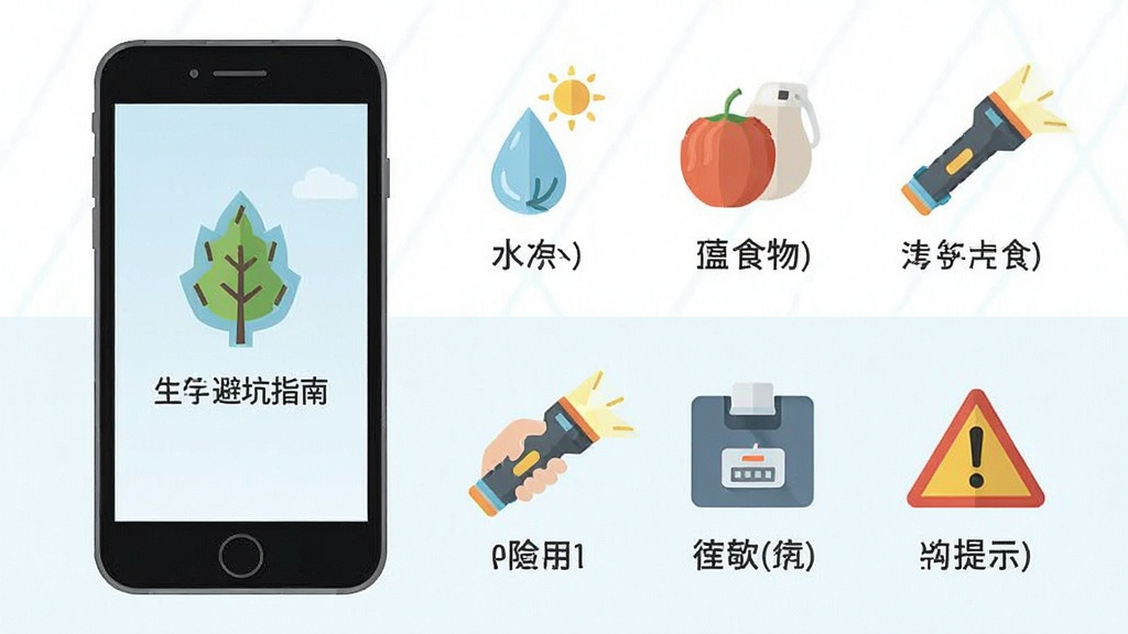新手避坑指南信息图,主体是手机屏幕与生存提示图标,布局上下分层排版,风格扁平化教程,细节包括水、食物、手电筒、存档图标、警告标志,画质清晰,干净,无多余元素