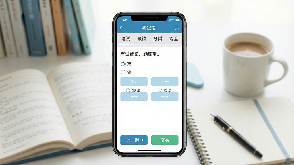 考试宝软件主界面预览图,画面中央展示手机屏幕,屏幕内呈现考试宝APP的题库练习页面,上方有考试分类导航栏,中间为单选题题干与四个选项按钮,底部有上一题下一题和交卷按钮。背景为柔和的学习桌面场景,有书本、笔记本和一杯咖啡,整体色调清新明亮,风格为扁平化UI展示,细节清晰,画质干净,无多余元素