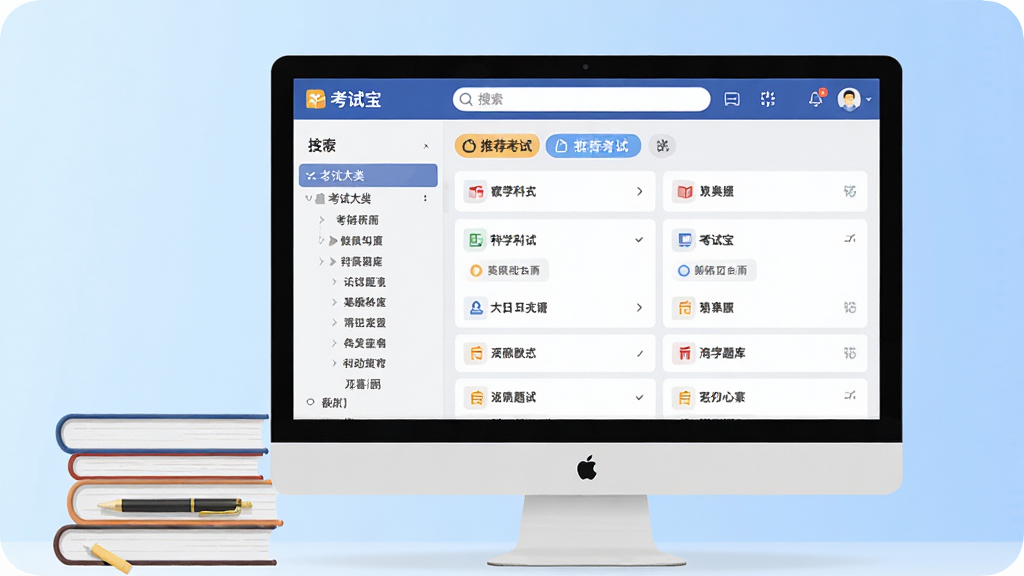 考试宝海量题库界面预览图,画面展示电脑屏幕中考试宝软件的分类页面,左侧为考试大类导航树,右侧为具体科目列表,屏幕上方有搜索框和推荐考试标签。屏幕旁边放着一摞书籍和一支笔,背景为浅蓝色渐变,风格为现代扁平化设计,细节清晰,画质干净,无多余元素