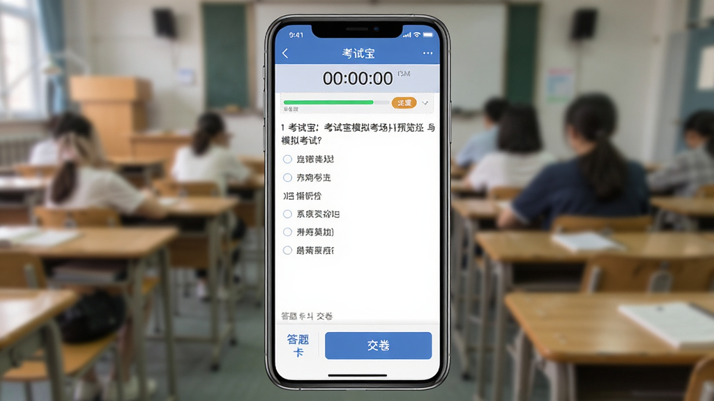 考试宝模拟考场界面预览图,画面展示手机屏幕中考试宝APP的模拟考试页面,上方有倒计时器和进度条,中间为多选题题干与选项,底部有答题卡和交卷按钮。背景为安静的考场场景虚化处理,风格为真实考试界面模拟,细节清晰,画质干净,无多余元素