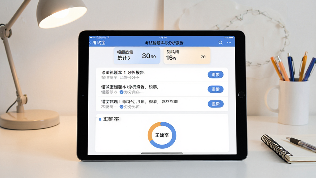 考试宝错题本与分析报告界面预览图,画面展示平板电脑屏幕中考试宝APP的错题本页面,上方为错题数量统计卡片,中间为错题列表,每道题旁边有重做按钮,下方有正确率环形图表。背景为简洁的书桌场景,有台灯和文具,风格为清新简约UI展示,细节清晰,画质干净,无多余元素