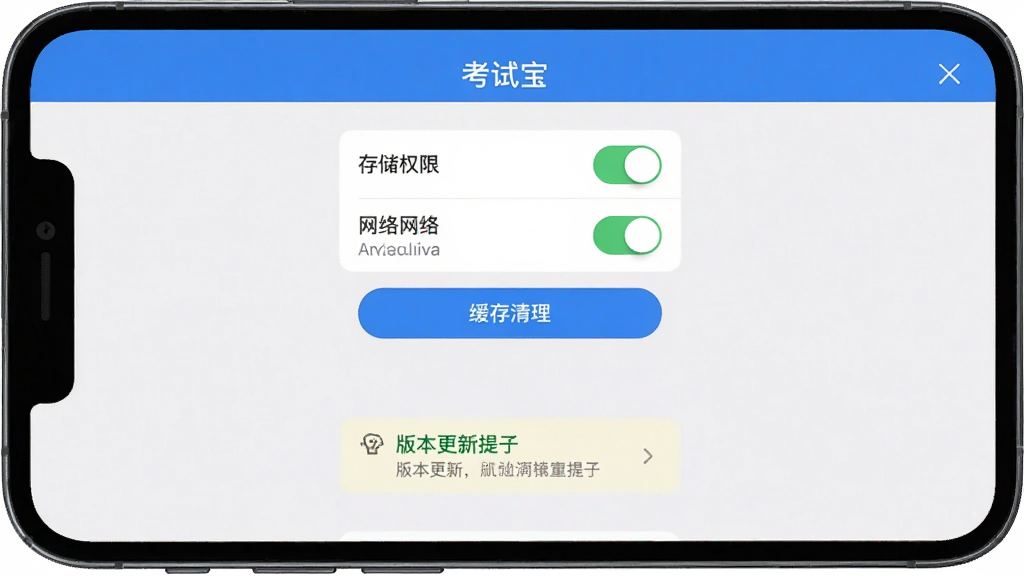 考试宝新手安装设置界面预览图,画面展示手机屏幕中考试宝APP的权限设置页面,上方有存储权限和网络权限开关,下方有缓存清理按钮和版本更新提示。背景为简洁的手机设置界面风格,细节清晰,画质干净,无多余元素