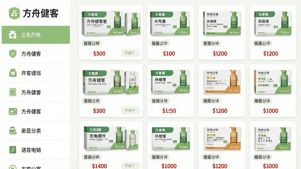一张展示方舟健客网上药店药品分类页面的场景图,画面左侧为竖向分类导航栏,右侧为药品网格陈列,药盒整齐排列,配色以白色和浅绿色为主,风格简洁明快,细节包含分类图标、药品名称标签、价格数字,画质清晰,画面干净,无多余元素