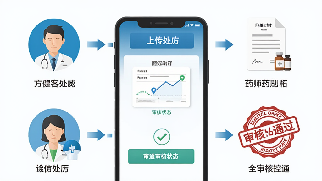 一张展示方舟健客网上药店处方上传与药师审核流程的示意图,画面中央为手机界面显示上传处方按钮和审核状态提示,周围环绕药师头像图标、处方单图标、审核通过印章图标,风格为扁平化信息图,细节包含文字标签和箭头指引,画质清晰,画面干净,无多余元素
