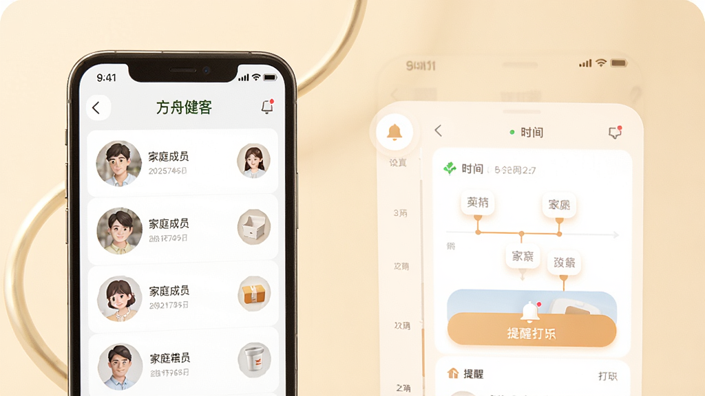 一张展示方舟健客网上药店健康档案与用药提醒功能的界面图,画面中手机屏幕显示家庭成员头像列表、用药时间轴和提醒铃铛图标,背景为柔和暖色调,风格为现代移动应用UI展示,细节包含日历标记、药盒图标、打卡按钮,画质清晰,画面干净,无多余元素