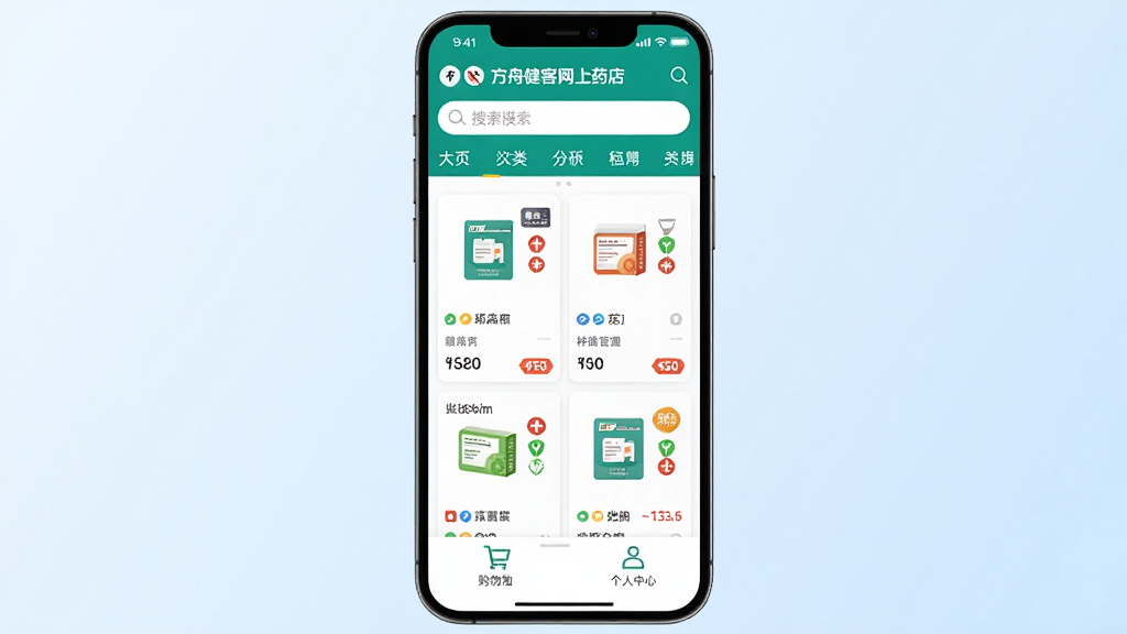 手机屏幕中央展示方舟健客网上药店应用界面,上方为搜索框和分类导航,中部为药品卡片列表,下方为购物车与个人中心入口,背景为干净浅蓝色渐变,风格为扁平化移动应用展示图,细节包含药盒图标、价格标签、配送标识,画质清晰,画面干净,无多余元素