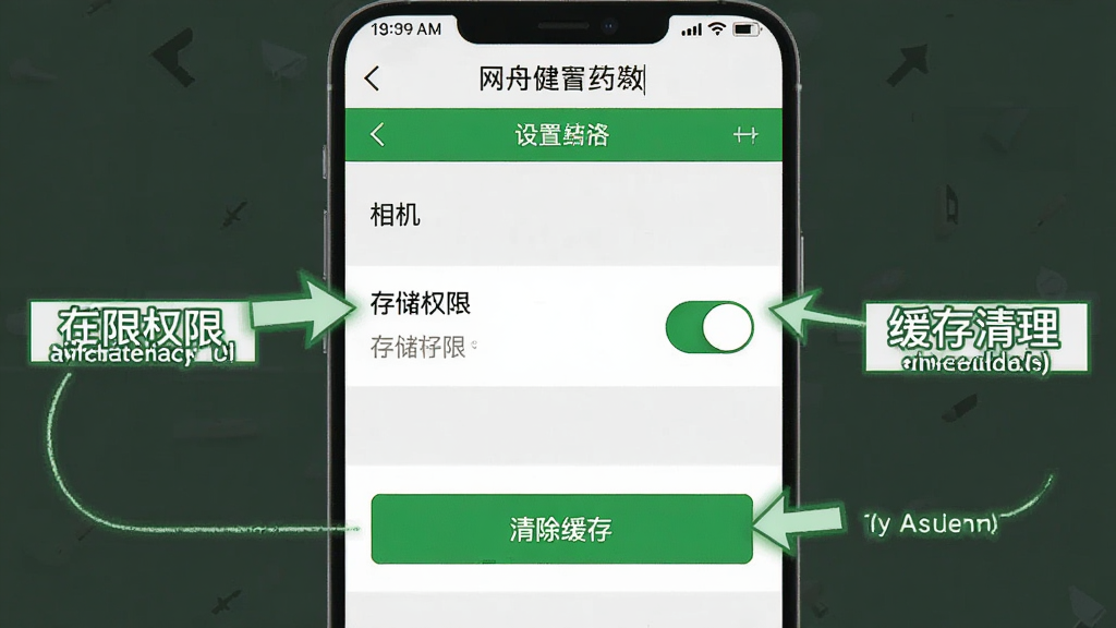 一张展示方舟健客网上药店移动端权限设置与缓存清理操作路径的示意图,画面为手机屏幕截图风格,显示设置菜单中相机、存储权限开关和清除缓存按钮,配色为白色背景搭配绿色高亮,风格为教程指引图,细节包含箭头标注和文字说明,画质清晰,画面干净,无多余元素