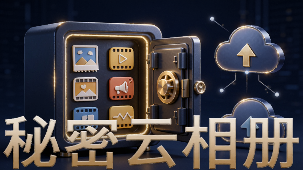 画面展示一个发光的数字保险箱,保险箱内整齐排列着照片和视频图标,旁边有云朵形状的备份符号,整体色调为深蓝与金色搭配,突出安全与科技感,画面中带有“秘密云相册”字样,干净简洁,高清画质