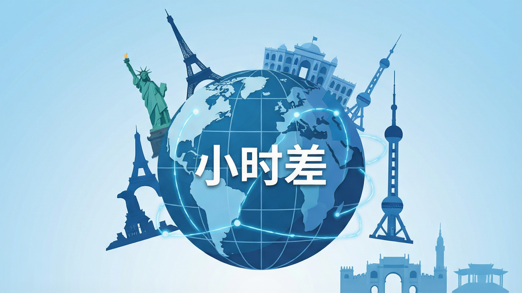 一张展现全球时区概念的扁平化插画,主体是一个带有经纬线的地球仪,周围环绕着不同城市的标志性建筑剪影,如自由女神像、埃菲尔铁塔、东方明珠塔等,背景是柔和的渐变蓝色天空,画面中央有“小时差”三个字,布局采用居中构图,排版简洁明快,风格为现代扁平化矢量插画,细节上城市剪影用不同深浅的蓝色区分,地球仪上有发光的连接线表示时区关联,画质清晰,干净,无多余元素