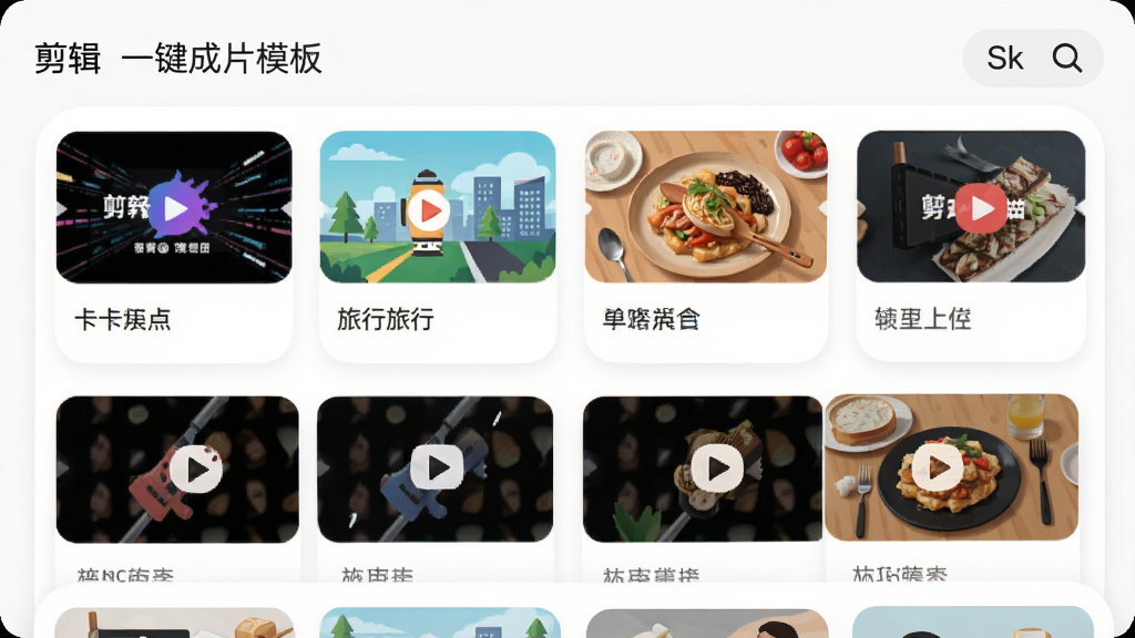 剪辑一键成片模板选择页面,手机屏幕显示网格排列的多种视频模板缩略图,每个缩略图代表不同风格如卡点、旅行、美食,背景为白色圆角卡片,主体清晰,布局整齐,风格为清新扁平插画,细节包含分类标签和搜索图标,画质高清,干净,无多余元素