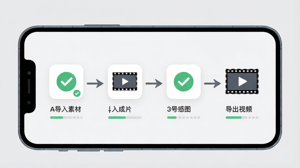 剪辑一键成片操作流程示意图,一部手机屏幕显示从导入素材到导出视频的四个步骤图标,箭头依次连接,背景为浅灰色,主体为手机和步骤图标,布局横向排列,风格为简洁扁平信息图,细节包含对勾和进度条元素,画质高清,干净,无多余元素