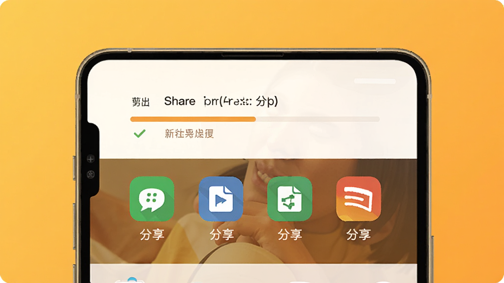 剪辑一键成片导出分享界面,手机屏幕显示导出进度条和多个社交平台分享图标,背景为明亮的暖色调,主体为手机和分享按钮,布局居中,风格为简洁扁平插画,细节包含对勾图标和文件格式标签,画质高清,干净,无多余元素