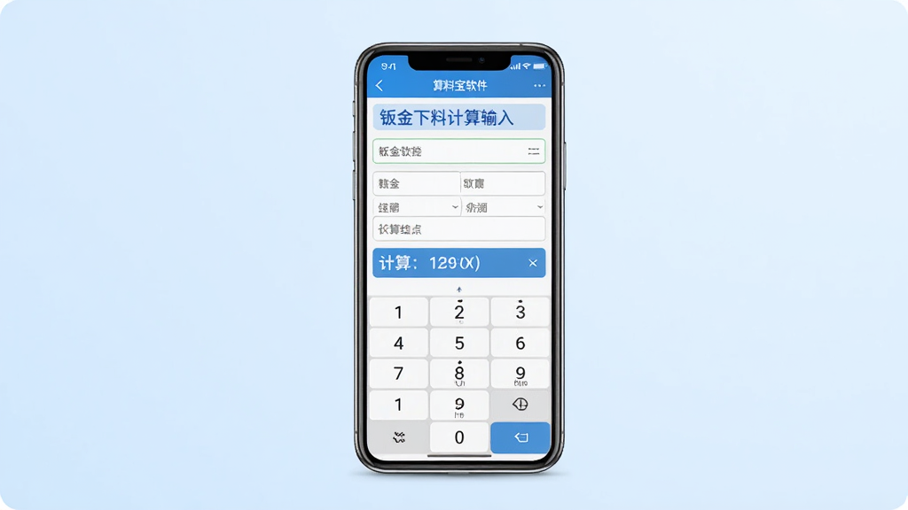 算料宝软件主界面展示,主体为一部智能手机,屏幕上显示钣金下料计算输入界面,布局为居中放置手机,背景为干净的浅蓝色渐变,排版简洁,风格为现代科技感,细节包括数字键盘、参数输入框、计算结果预览,画质清晰,干净,无多余元素