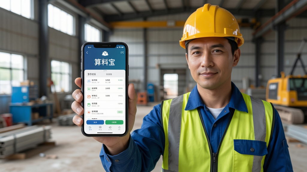 算料宝使用场景图,主体为施工现场工程师手持手机使用算料宝,布局为人物半身加手机屏幕特写,背景为车间或工地,风格为写实摄影,细节包括安全帽、工作服、手机界面,画质清晰,干净,无多余元素
