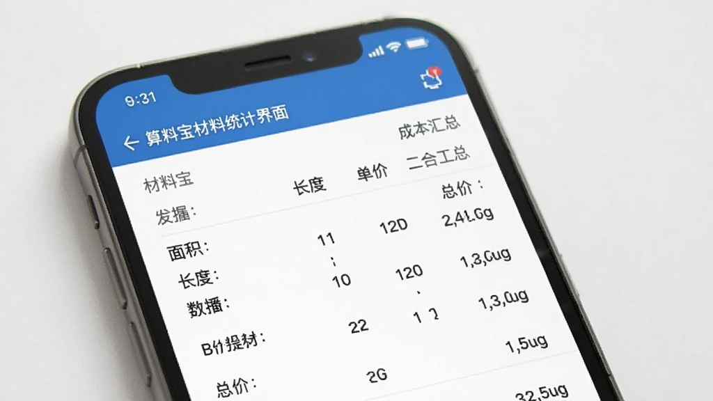 算料宝材料统计界面,主体为手机屏幕显示材料清单和成本汇总,布局为列表式,背景为白色,风格为商务简约,细节包括面积、长度、单价、总价等字段,画质清晰,干净,无多余元素