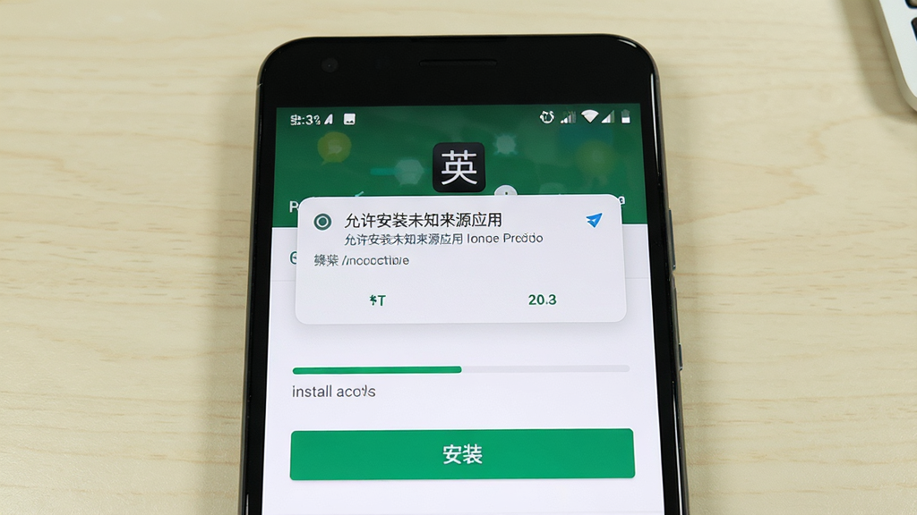 英汉翻译官安装操作示意图,画面展示一部安卓手机正在安装英汉翻译官的界面,屏幕中央显示安装进度条和“安装”按钮,手机上方有提示“允许安装未知来源应用”的系统弹窗,背景为简洁的浅色桌面,风格为操作教程类配图,细节包括手机状态栏、弹窗按钮文字,画质清晰干净,无多余元素