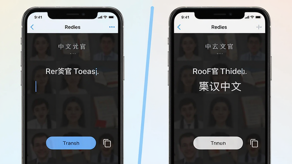 英汉翻译官软件功能展示图,画面分为左右两部分,左侧展示手机屏幕内英汉翻译官的中文转英文界面,右侧展示英文转中文界面,中间用一条淡蓝色分割线隔开,背景为柔和的浅色渐变,风格为扁平化科技风,细节包括界面内的输入光标、翻译按钮和复制图标,画质清晰干净,无多余元素