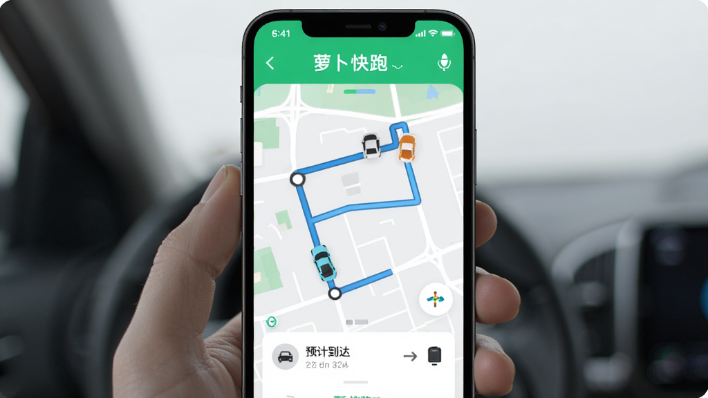 手机屏幕显示萝卜快跑App叫车界面,主体为手机与地图路线,布局采用居中构图,排版简洁清晰,风格为扁平化科技风,细节包括车辆图标、路线高亮、预计到达时间文字,画质高清,干净,无多余元素。